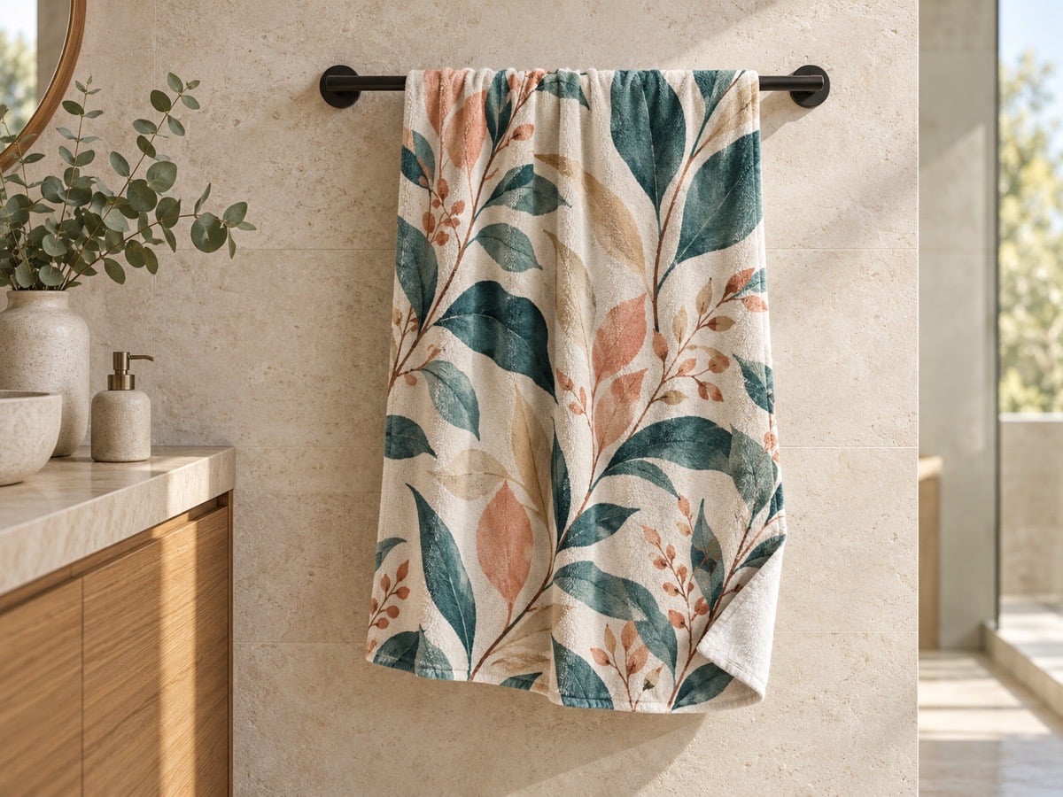 Handdoek met botanische fotoprint in een badkamer