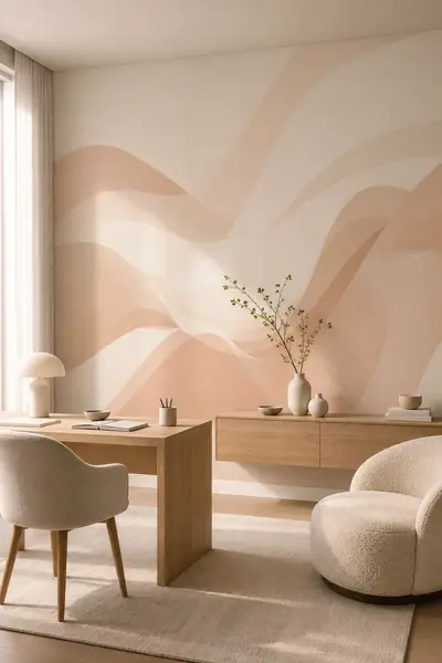 Fotobehang met zachte abstracte golven in beige en blush in een thuiskantoor met eiken bureau
