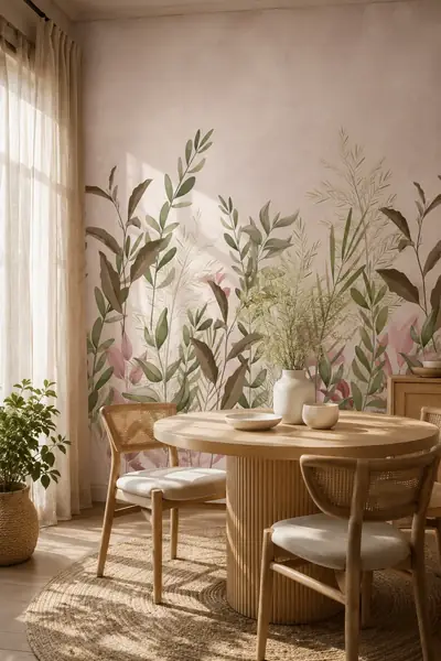 Fotobehang met botanische takken op zacht roze in een eetkamer met ronde houten tafel