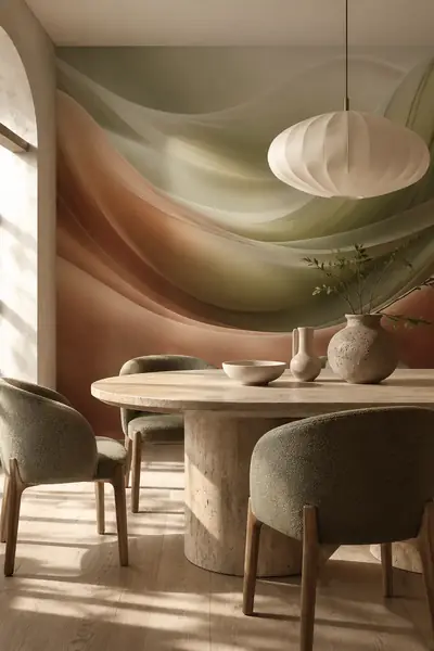 Fotobehang met zijdezachte golven in saliegroen en terracotta in een eetkamer met travertijnen tafel