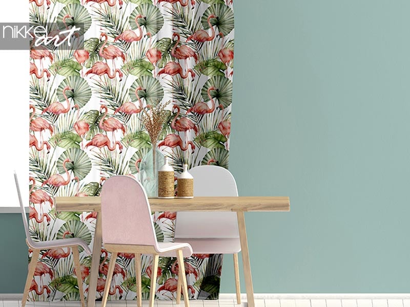 Gordijnen Aquarel tropische naadloze patroon met roze flamingo en palmbladeren