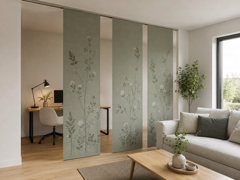 Paneelgordijnen in saliegroen als roomdivider tussen woonkamer en werkhoek