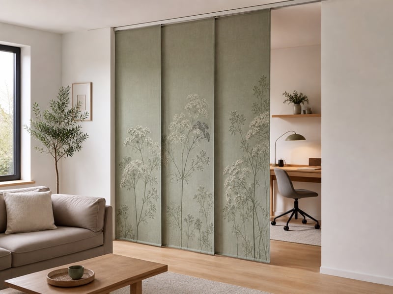 Drie paneelgordijnen met bloemenmotief die een werkhoek van de woonkamer scheiden