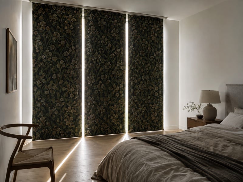 Donkere paneelgordijnen met bloemenmotief in een slaapkamer, met zichtbare lichtkieren tussen de panelen