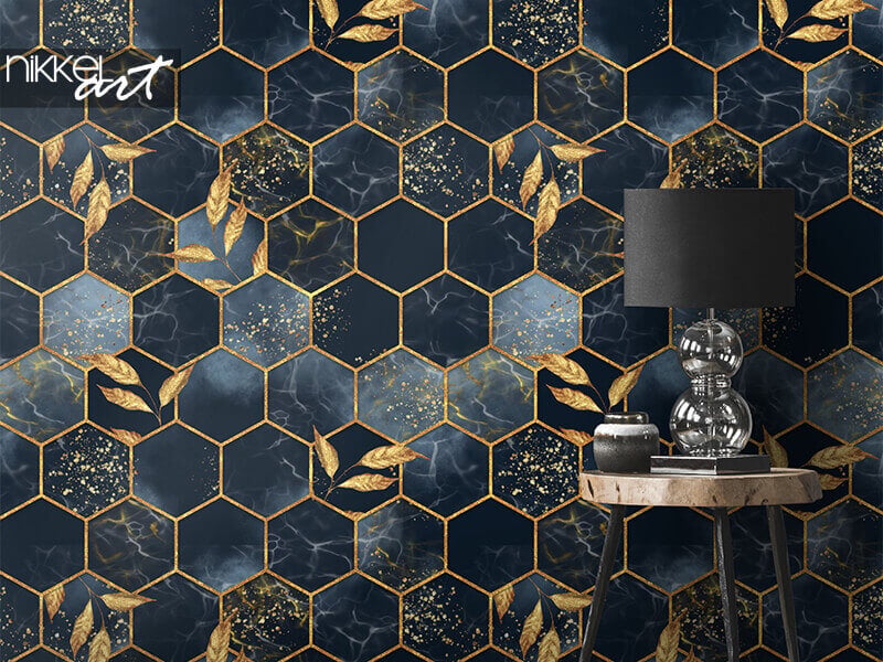 Fotobehang met marmeren geometrisch patroon en gouden bladeren — verfijnde geometrie 2026