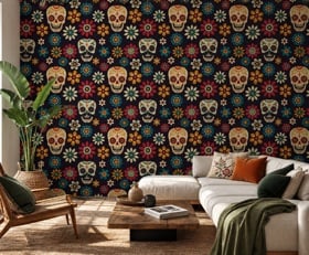 Fotobehang Doodshoofd met bloemen patronen