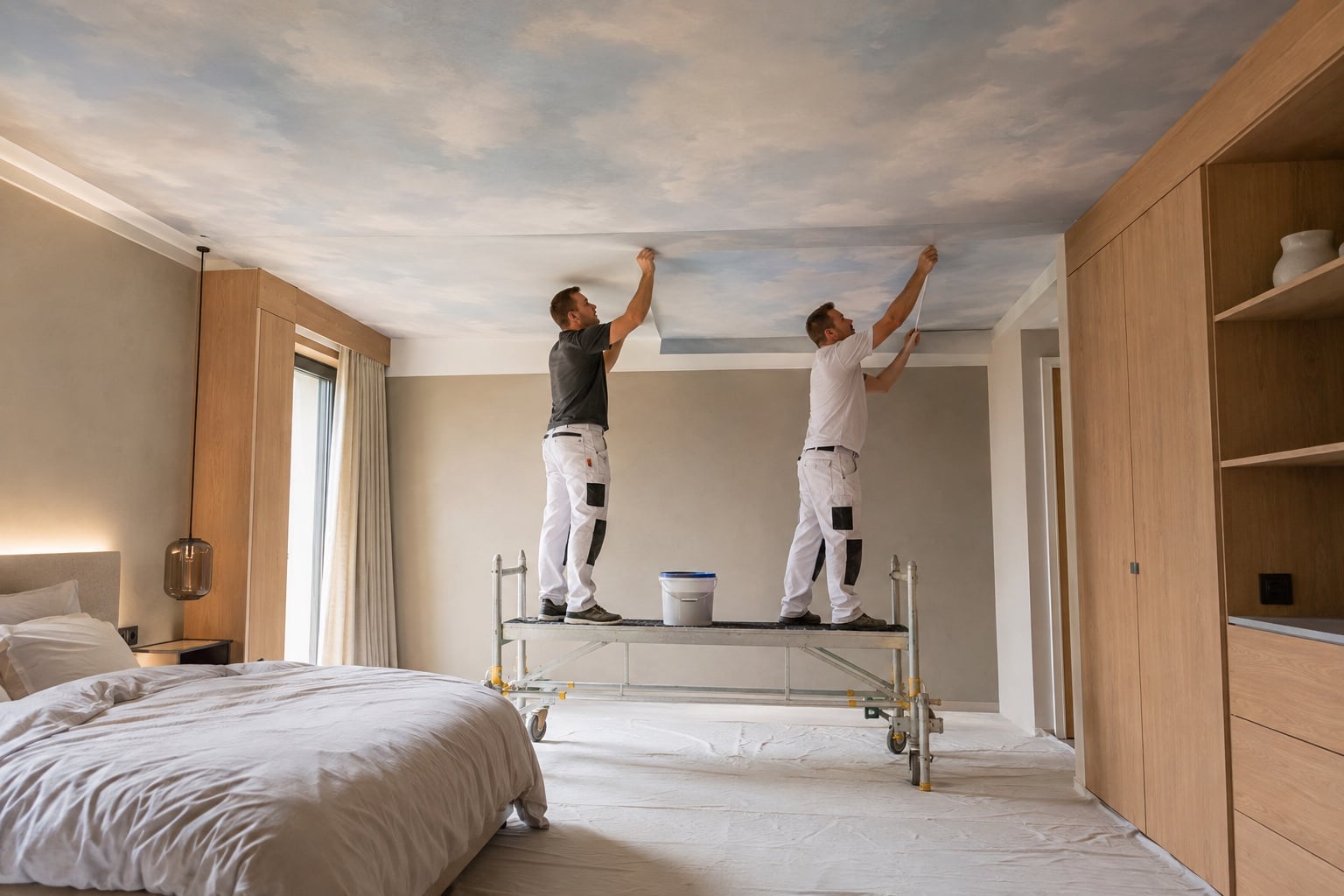 Fotobehang op het plafond: materiaal, meten en veilig aanbrengen