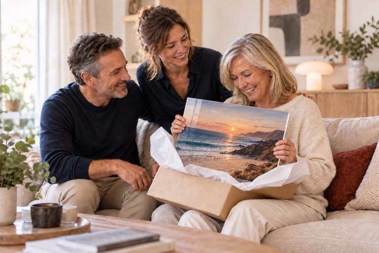 Drie lachende volwassenen bekijken samen een cadeau op plexiglas