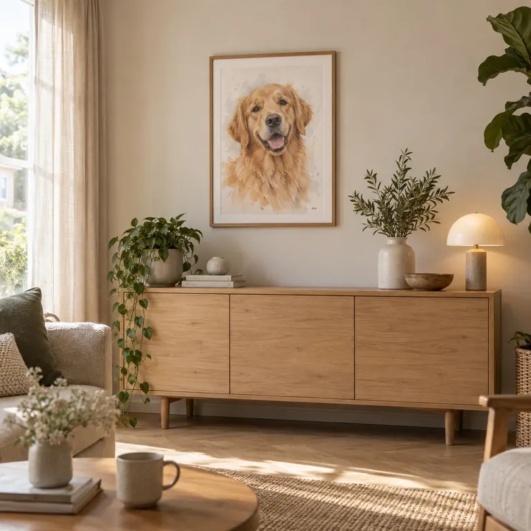 Persoonlijk portret van een golden retriever in een warme woonkamer