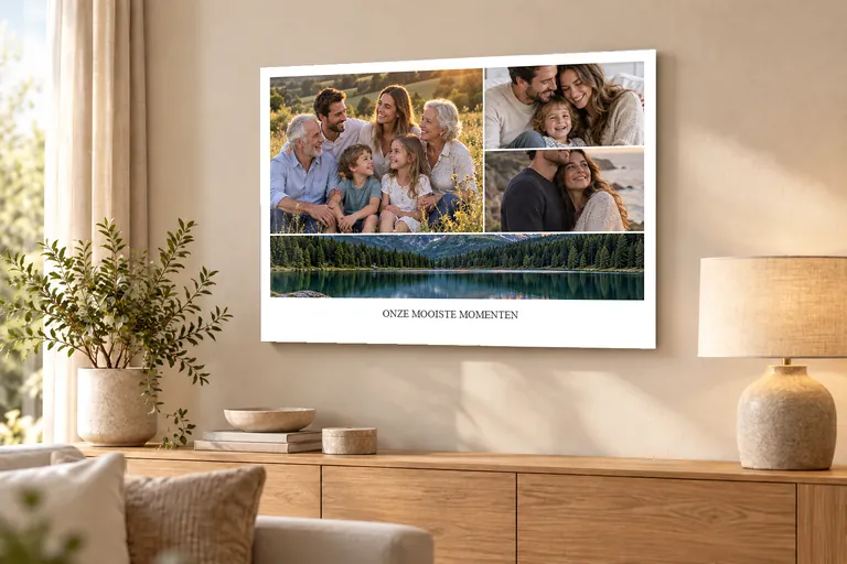 Fotocollage met familie- en koppelfoto’s op plexiglas in een warme woonkamer