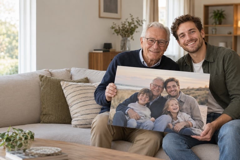 Opa en zijn volwassen kleinzoon tonen samen een persoonlijke familiefoto