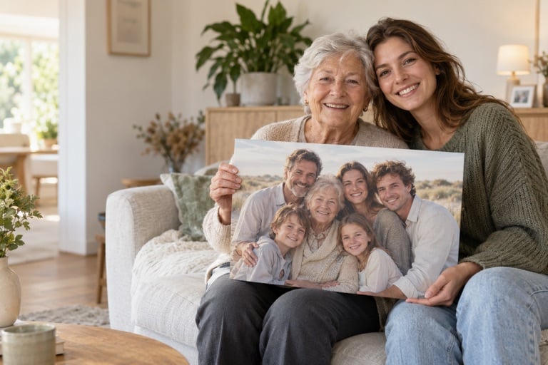 Oma en kleindochter met een persoonlijke familiefoto