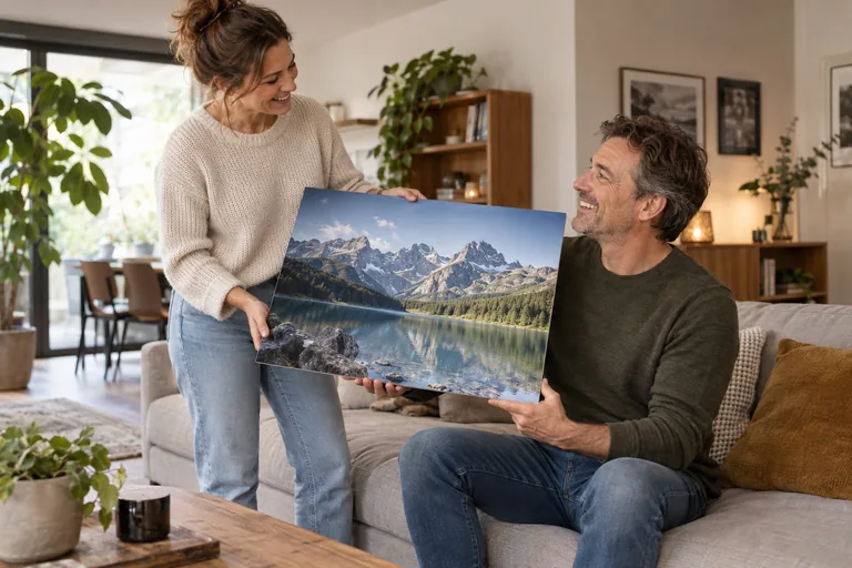 Een man ontvangt een persoonlijke foto van een berglandschap op plexiglas of aluminium