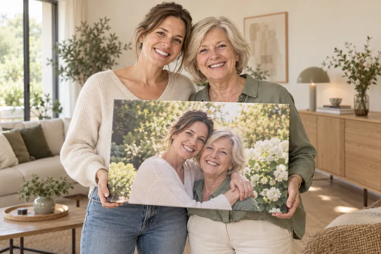 Twee glimlachende vrouwen met een persoonlijk canvas van hun gezamenlijke foto