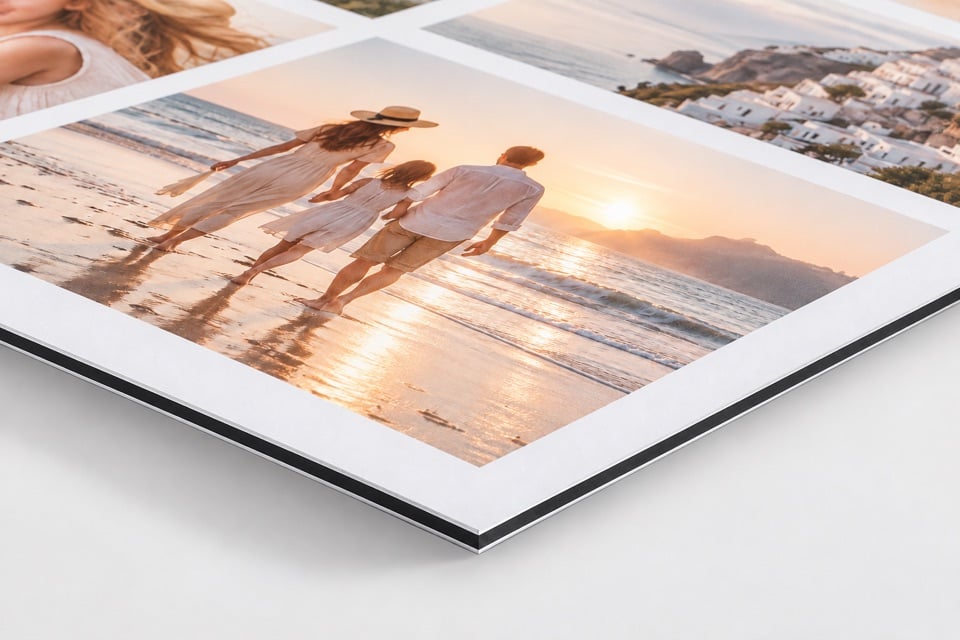 Dunne hoek van een matte fotocollage op aluminium met witte buitenlagen en zwarte kern