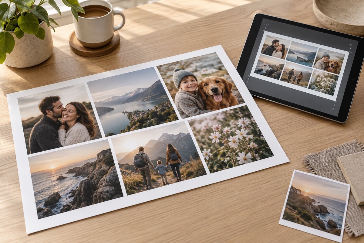 Fotocollage met een gelijkmatige witte rand naast een tablet met uitsnedevoorbeeld