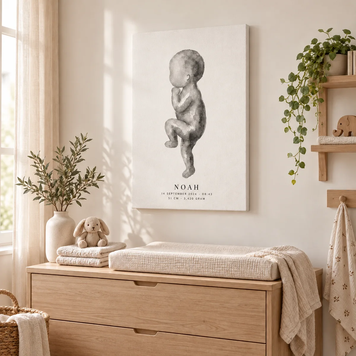Geboorteposter met grijze aquarelillustratie van een baby op canvas in een Scandinavische babykamer
