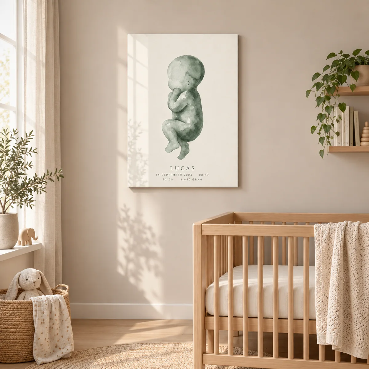 Geboorteposter met saliegroene aquarelillustratie van een baby op canvas in een moderne babykamer