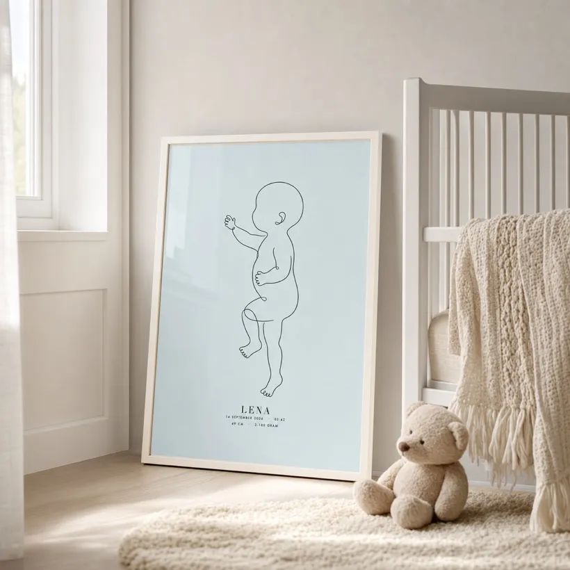 Interieurvisualisatie van Geboorteposter met blauwe lijnillustratie en witte lijst naast een babybedje