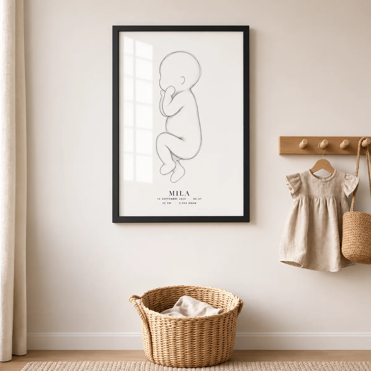 Interieurvisualisatie van Minimalistische geboorteposter in zwarte lijst tegen een warme muur