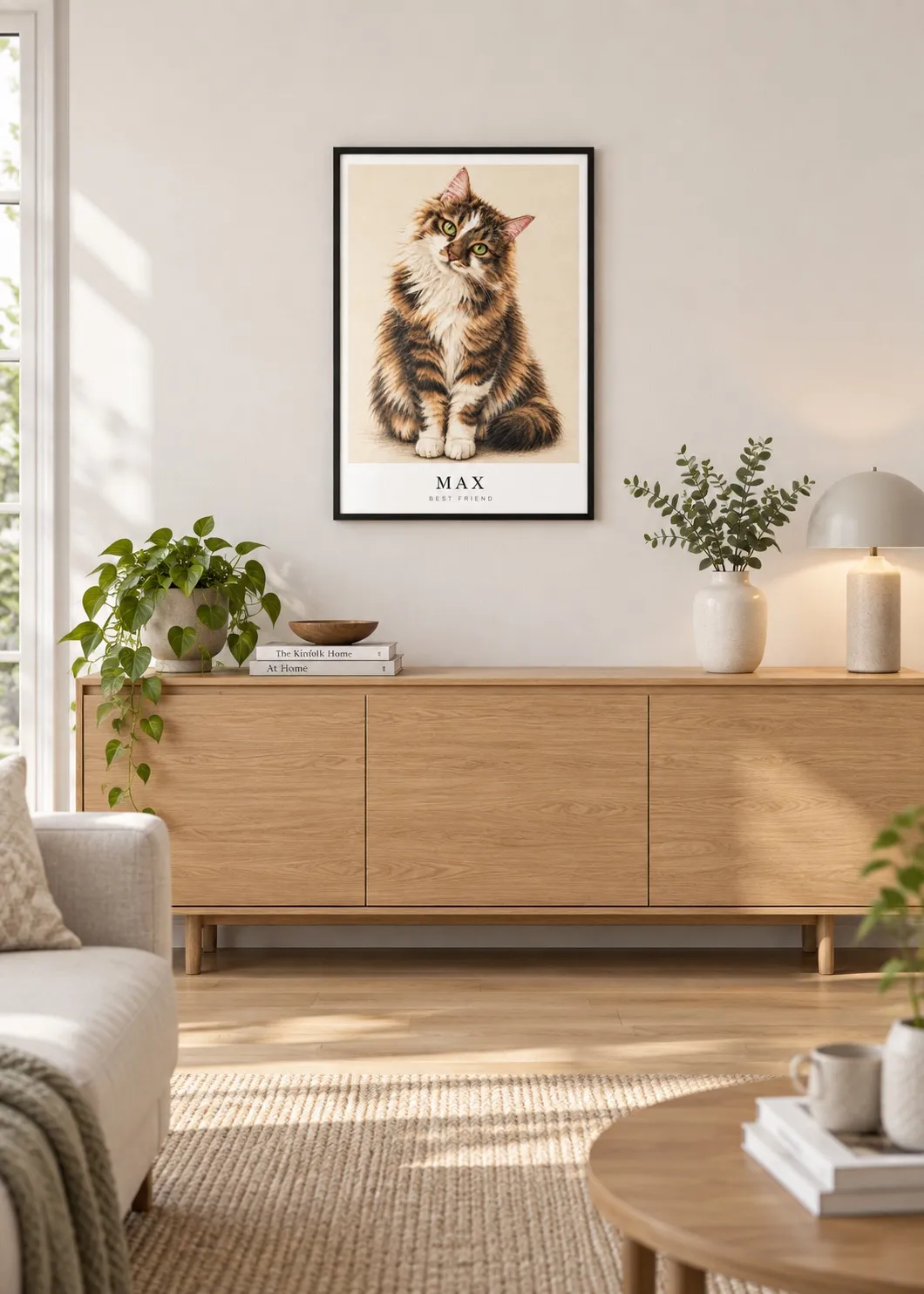 Interieurvisualisatie van Tekening van een kat in zwarte lijst boven een eiken dressoir in een lichte woonkamer