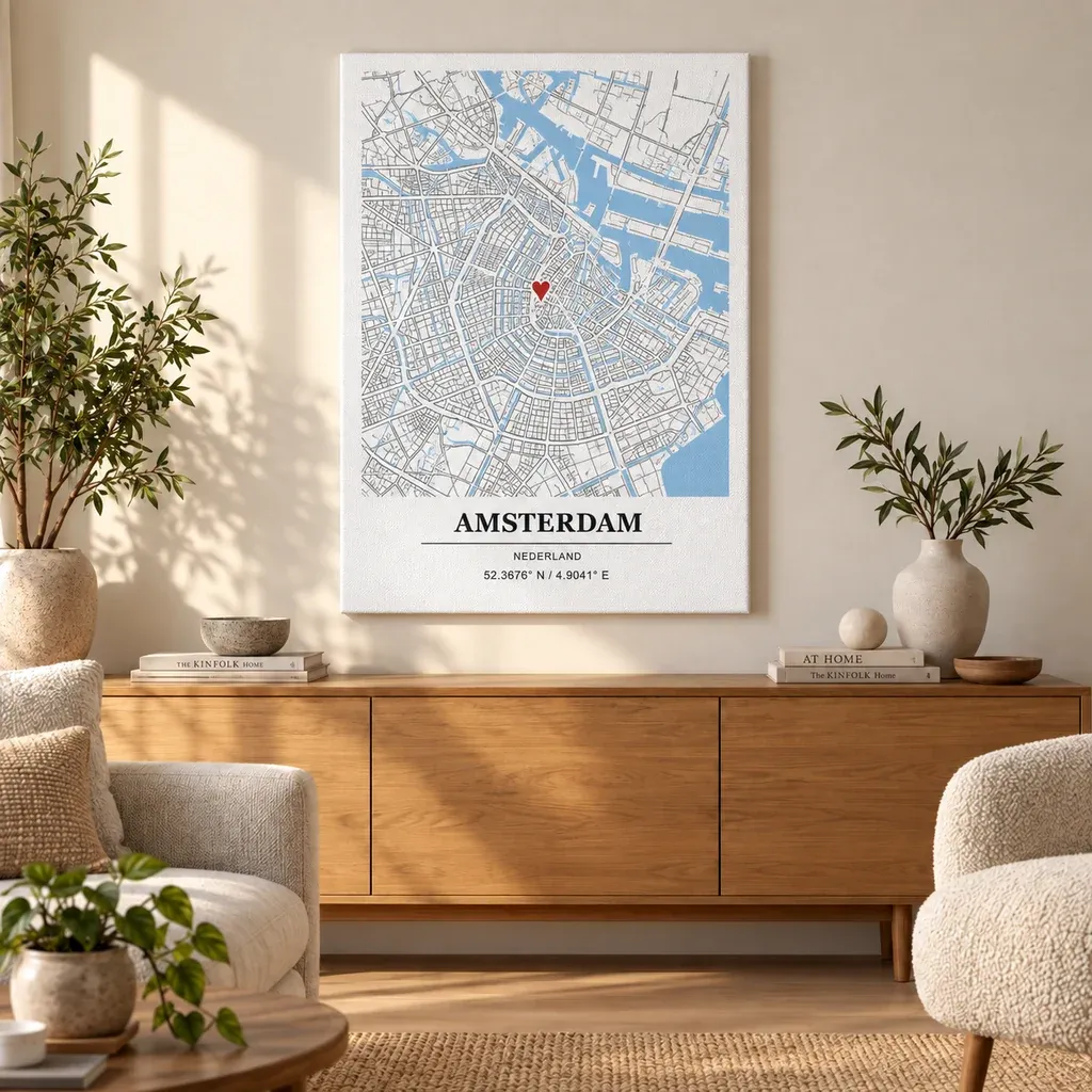 Interieurvisualisatie van Kaartposter van Amsterdam op canvas in een warme woonkamer