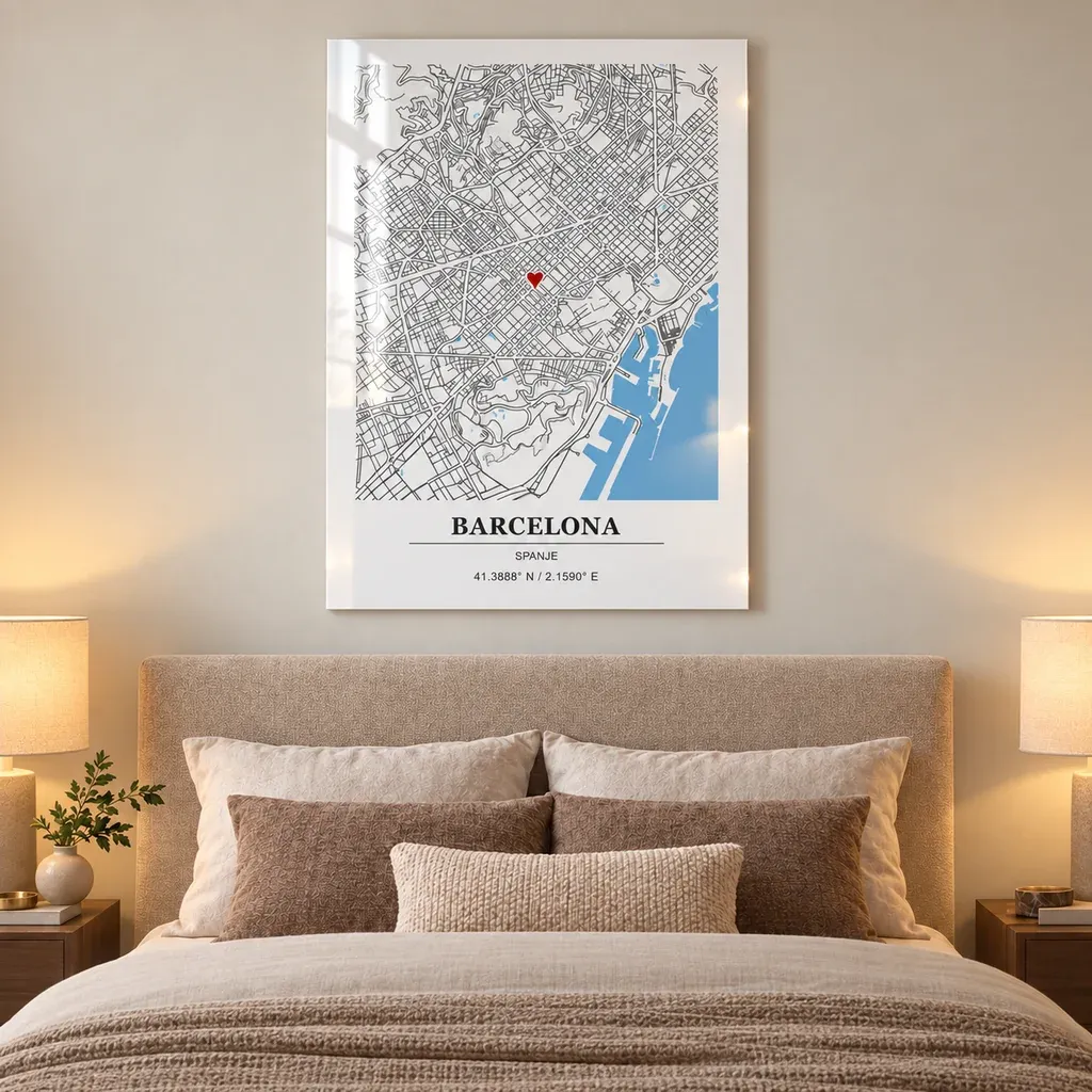 Interieurvisualisatie van Kaartposter van Barcelona op plexiglas in een warme slaapkamer