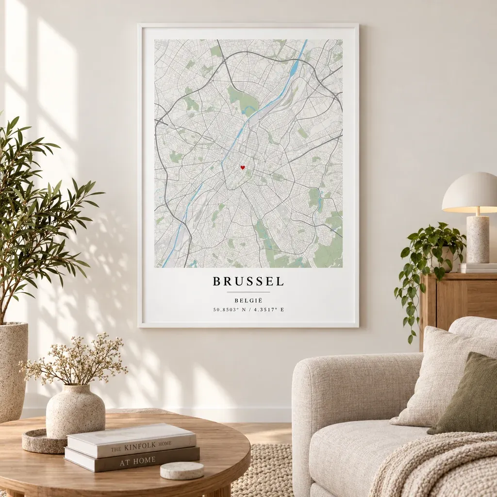 Interieurvisualisatie van Kaartposter van Brussel in een witte lijst in een lichte woonkamer