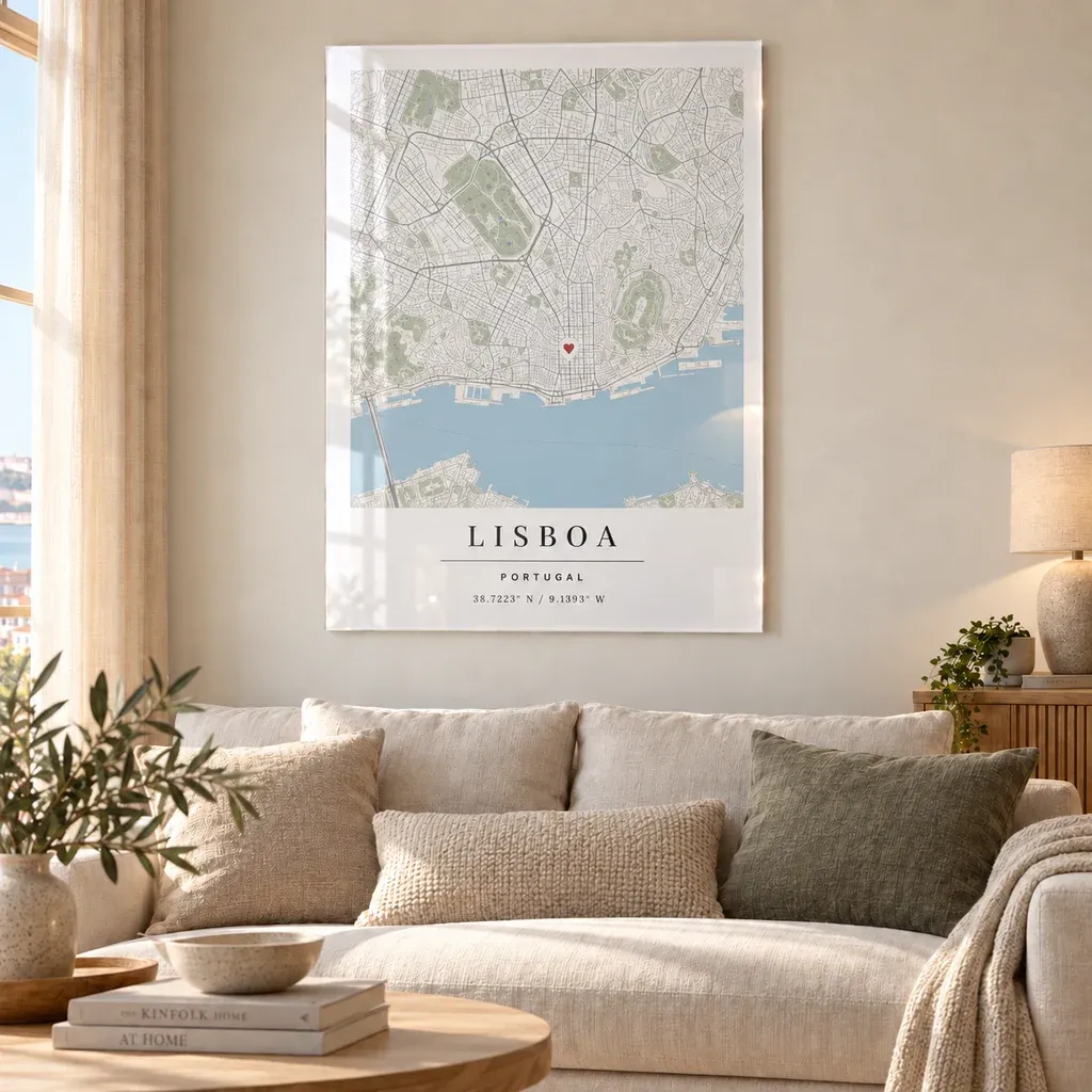 Interieurvisualisatie van Kaartposter van Lissabon op plexiglas in een lichte woonkamer