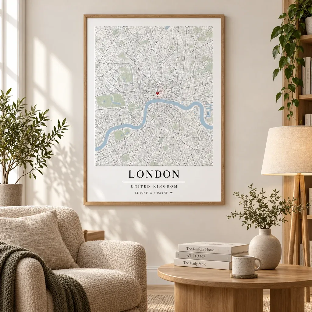 Interieurvisualisatie van Kaartposter van Londen in een eiken lijst in een lichte leeshoek