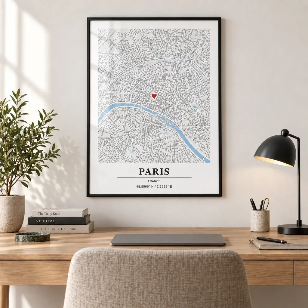 Interieurvisualisatie van Ingelijste kaartposter van Parijs in een lichte werkkamer