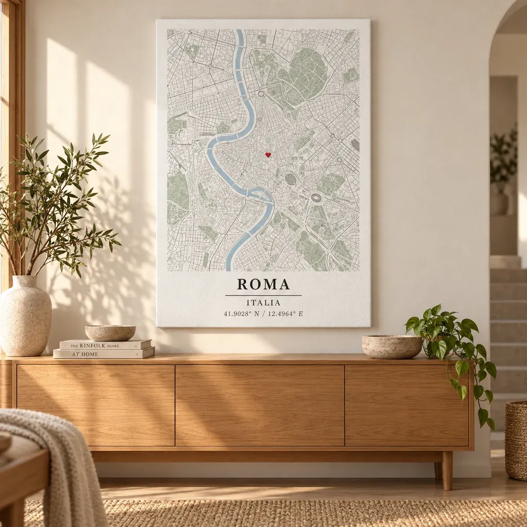 Interieurvisualisatie van Kaartposter van Rome op canvas in een warm interieur