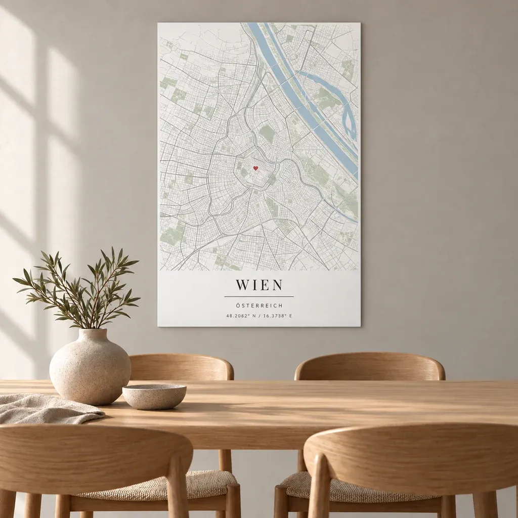 Interieurvisualisatie van Kaartposter van Wenen op aluminium in een elegante eetkamer