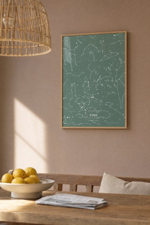 Groene sterrenposter met sterrenbeelden in een houten lijst