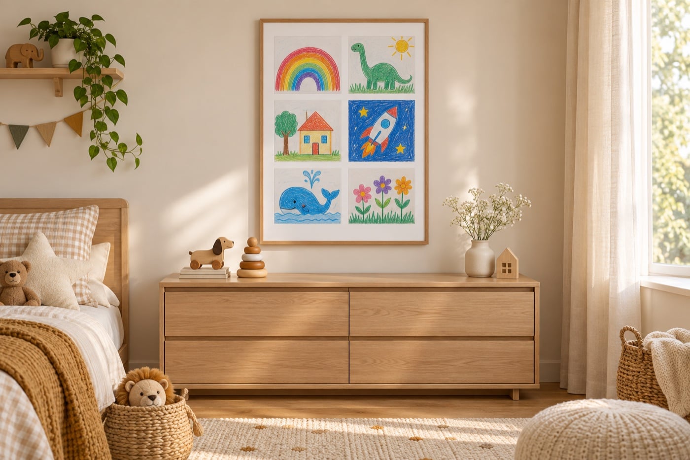 Verzamelposter met kleurrijke kindertekeningen in een kinderkamer