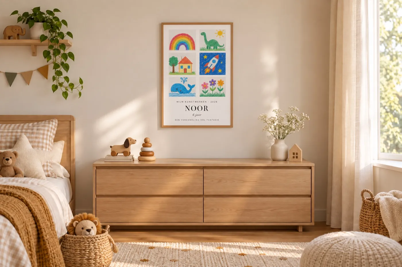 Interieurvisualisatie van Verzamelposter 50 bij 70 cm met zes kindertekeningen en tekst in een warme kinderkamer