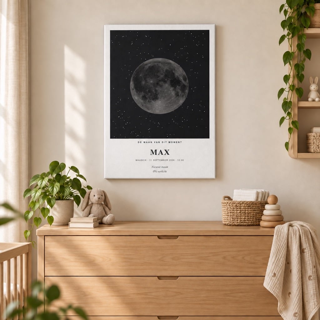 Persoonlijke maanposter op canvas in een kinderkamer