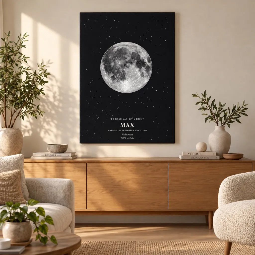 Interieurvisualisatie van Oneindig maanposter met naam Max en fase volle maan op canvas in een stijlvolle woonkamer