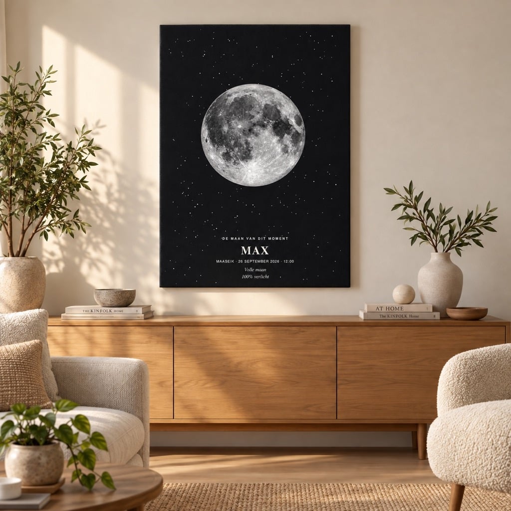 Persoonlijke maanposter MAX op canvas in een woonkamer