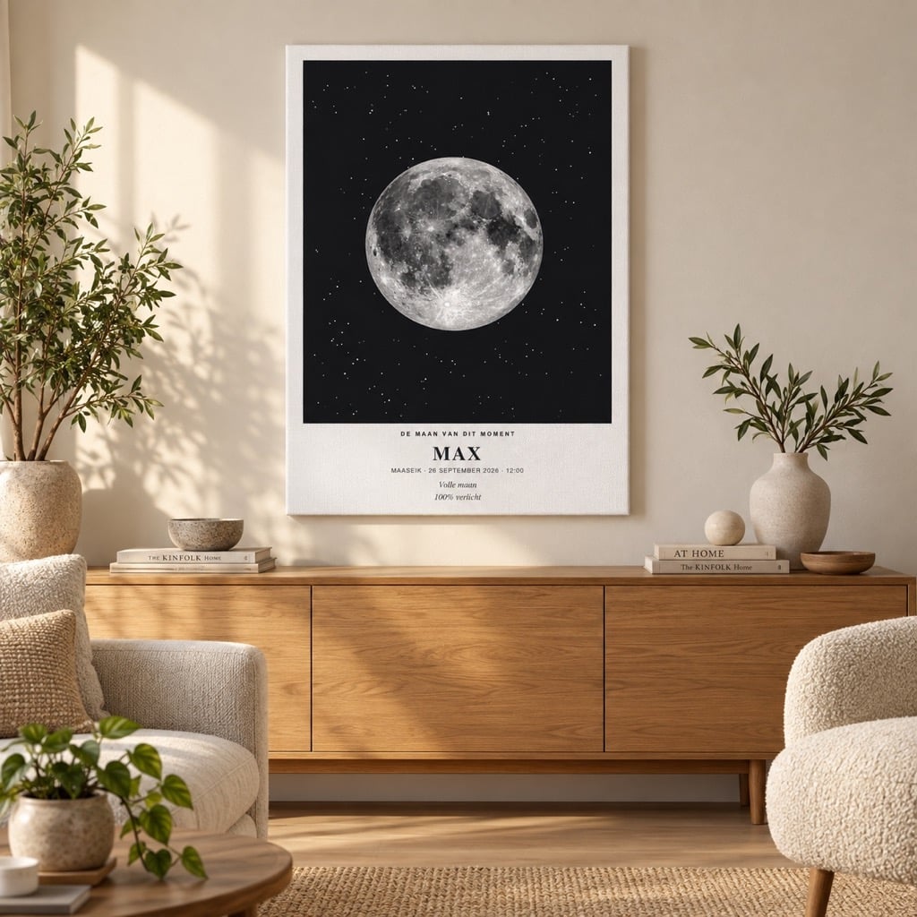 Interieurvisualisatie van Maanposter Max met volle maan op canvas in een lichte woonkamer