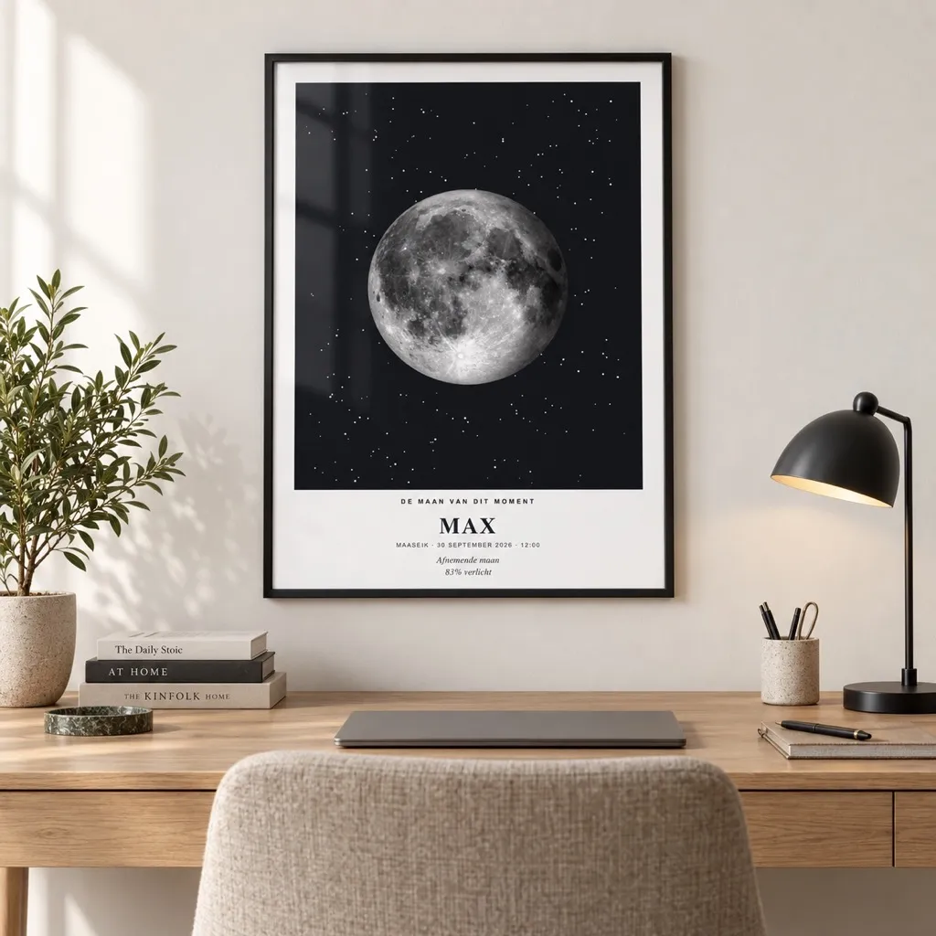 Interieurvisualisatie van Maanposter met naam Max en fase afnemende maan op ingelijste poster in een stijlvolle thuiskantoor