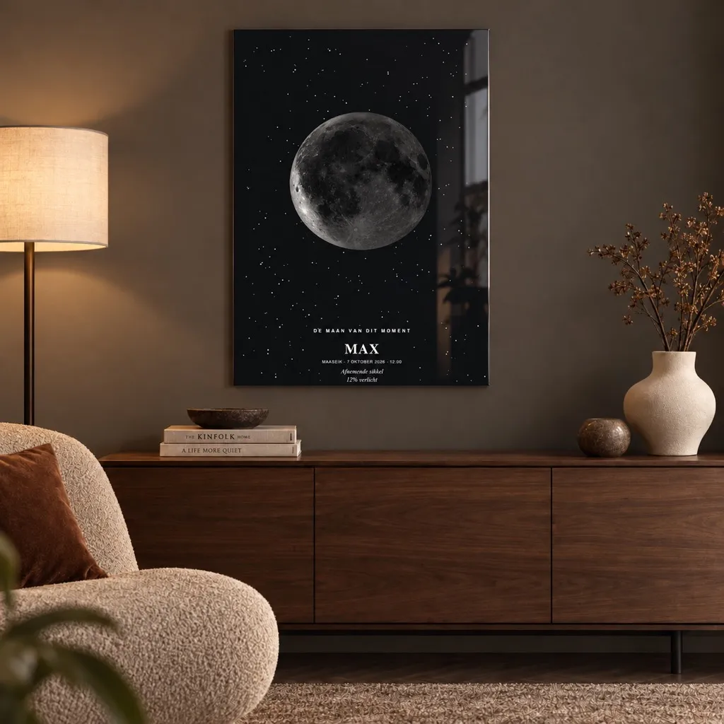 Interieurvisualisatie van Oneindig maanposter met naam Max en fase afnemende sikkel op plexiglas in een stijlvolle lounge