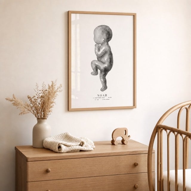 Geboorteposter met aquarelillustratie in een eiken lijst in de babykamer